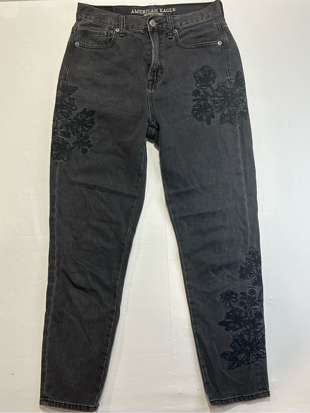 American Eagle Outfitters Black High-Rise Jeans with Black Floral Embroidery